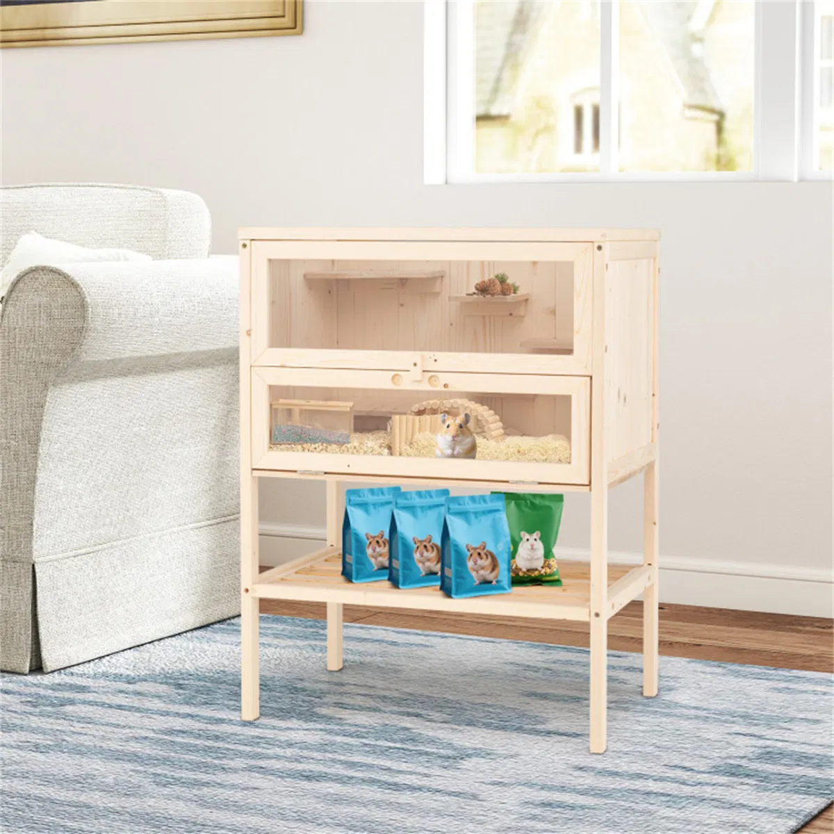 31.5 " Fir Wood Hamster Cage with Flip Mesh Roof, Multi-Level Activity Areas & Bottom Storage Shelf — image 10