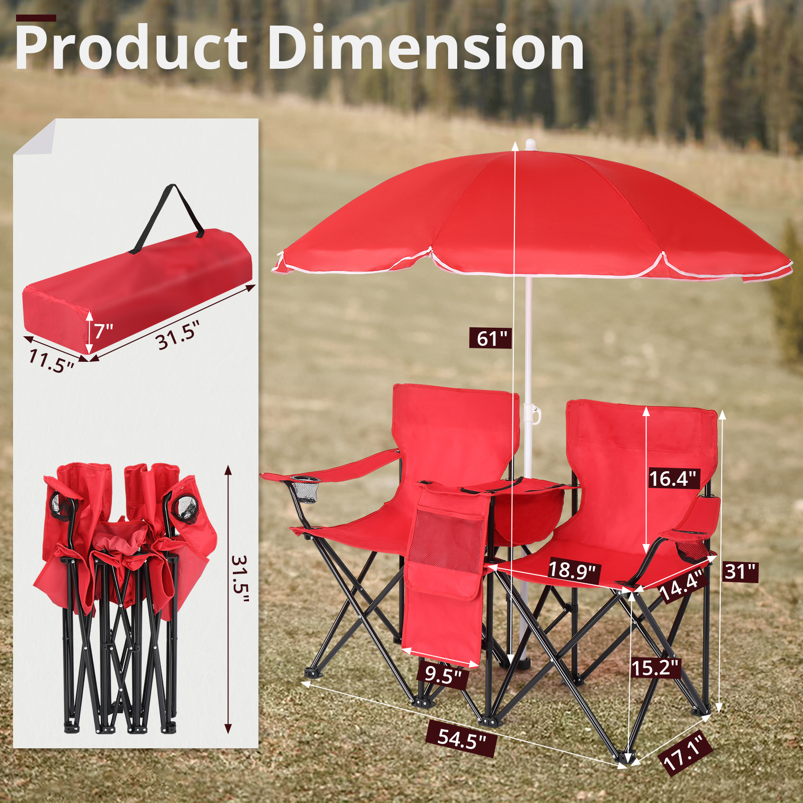 Silla de Pesca Roja con Soporte de Hierro, Malla Oxford y Paraguas Solar 85kg — imagen 2