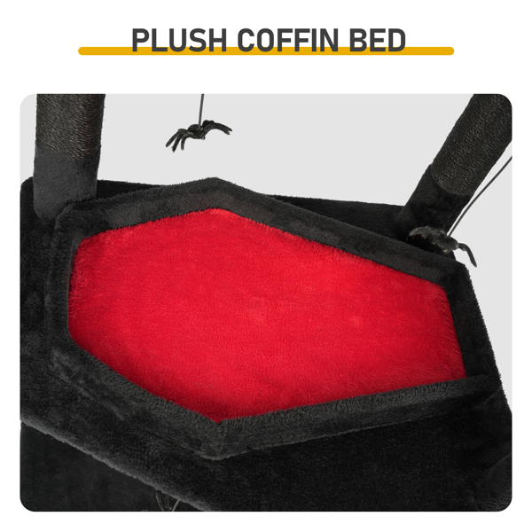 Árbol Gótico para Gatos con Caja de Tumba, Torre para Gatos Grande con Condo Espacioso, Postes de Rasguñado, Juguetes Colgantes de Araña, Tablero de Rasguñado, Mobiliario de Actividades para Gatos de Gran Tamaño en Rojo y Negro — imagen 17