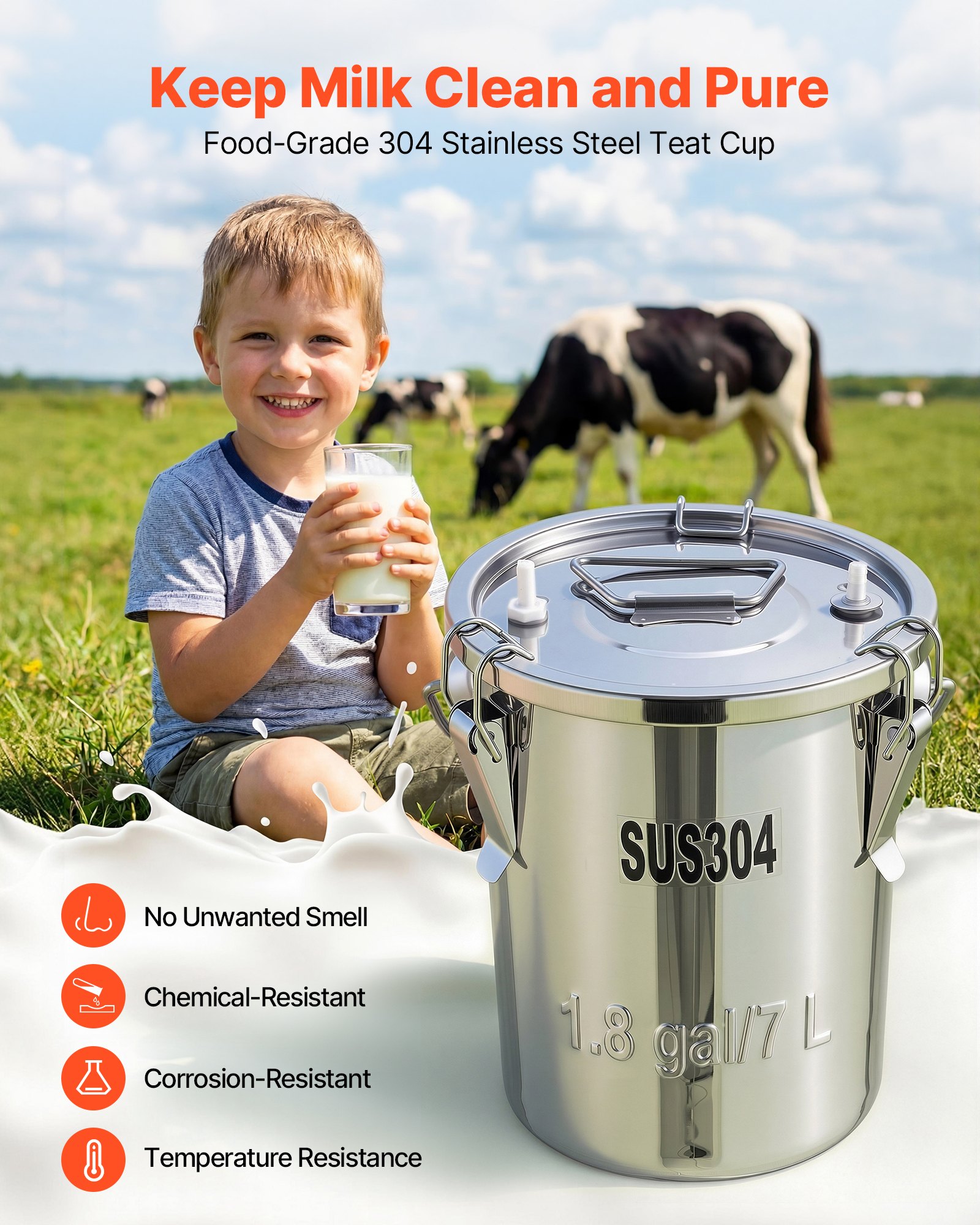 Máquina de Ordeño para Cabras, Recipiente de 1,8 gal / 7 L Acero Inoxidable Alimentario con 4 Cúpulas de Leche para Vacas y Cabras, Batería Rechargeable de 8000 mAh con Pulsación Eléctrica Portátil — imagen 1