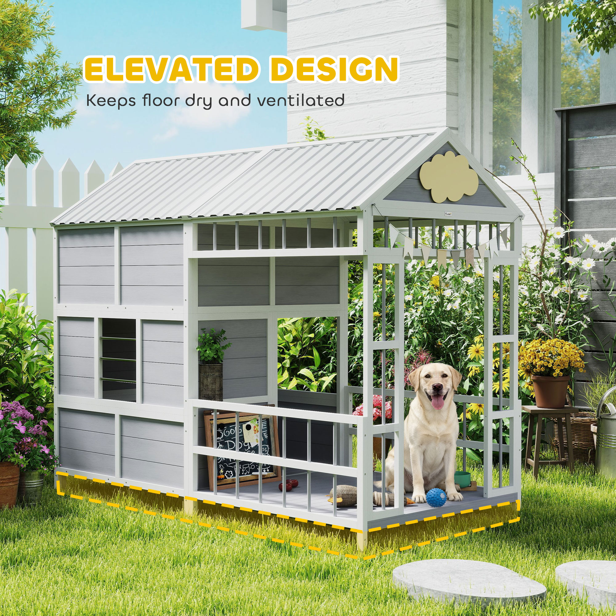 L Large Dog House Outdoor, Wooden Dog Kennel with Porch, Storage Cabinet, Weatherproof Roof, Windows — image 4