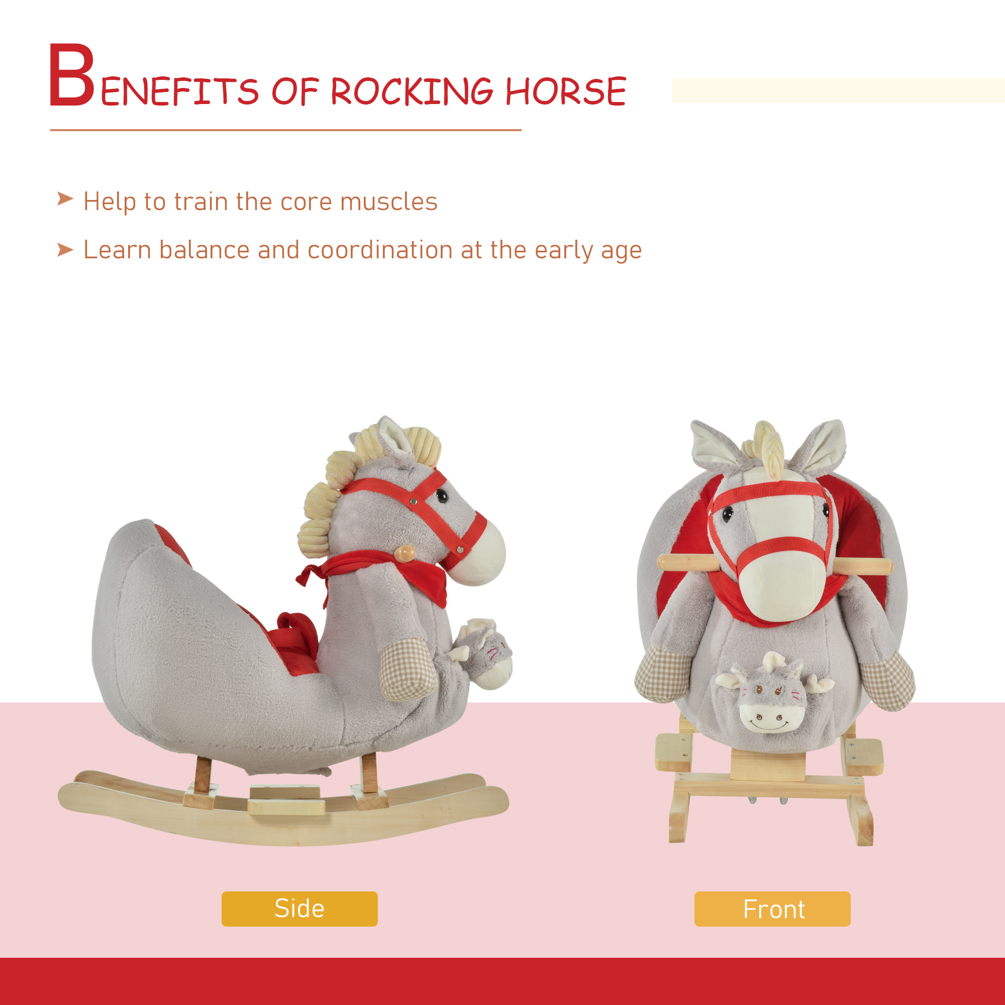Kids Ride-On Rocking Horse Toy, Rocker with Lullaby Song, Hand Puppets & Soft Plush Fabric for Children 18-36 Months, Gray — image 2