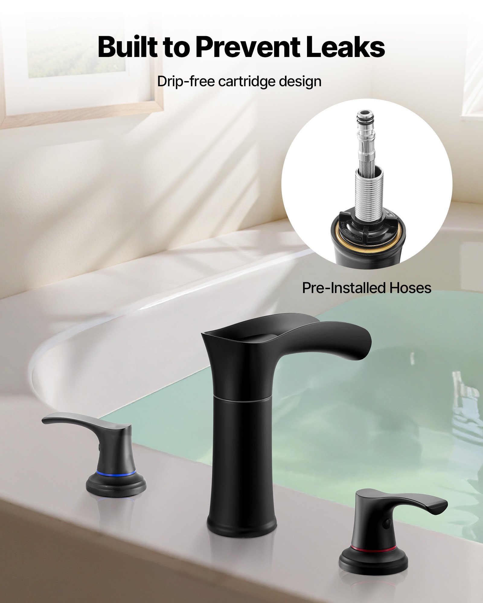 Fregadero de Baño Romano con 3 Hocicos, Cascada para Ducha de Baño, Conjunto de Grifos de Zinc para Tinas de Baño con 2 Manijas, Montaje en Fachada para Lavado de Mascotas, Cuidado Infantil y Adulto, Negro Mate — imagen 3