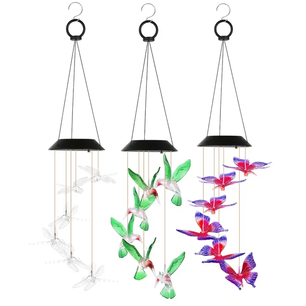 3Pack Solar Hummingbird Butterfly Dragonfly Wind Chimes 7 Color Changing Wind Chime For Outside IPX4 Waterproof Outdoor Garden Yard Decor — imagen 4