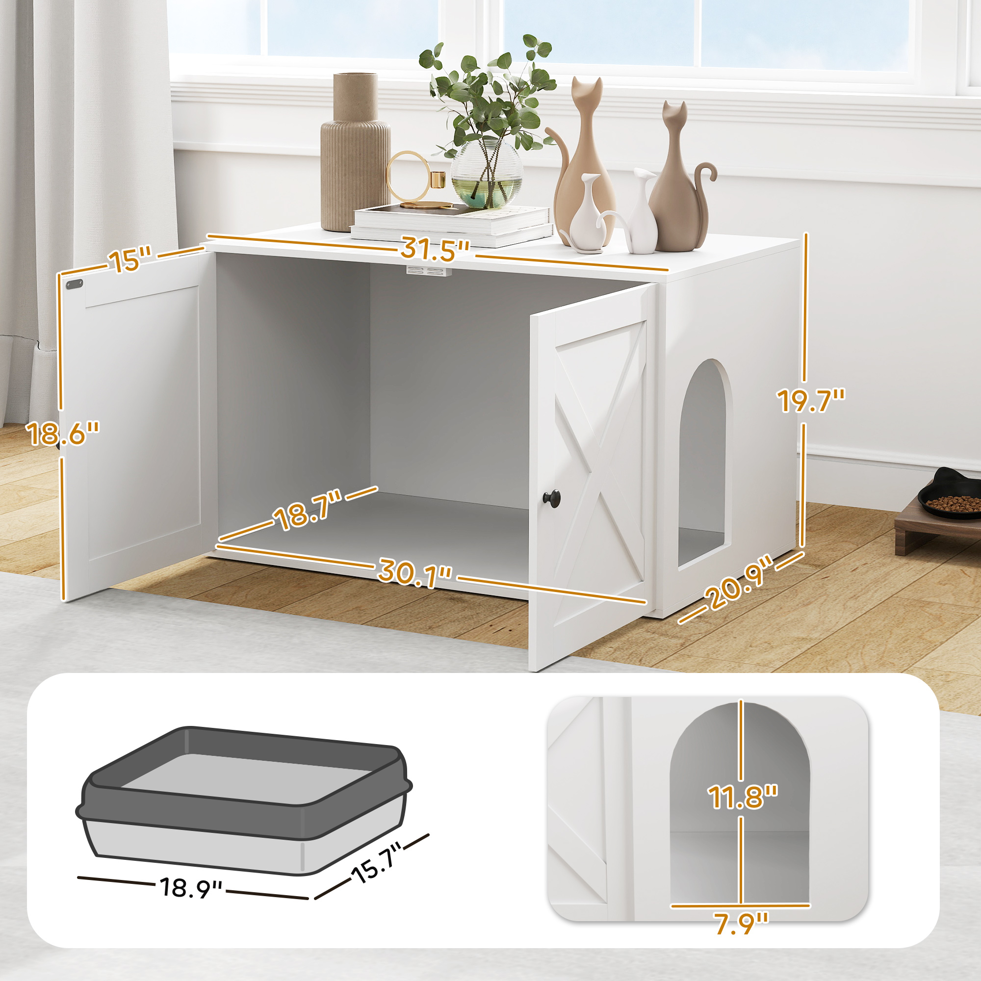 Cat Litter Box Enclosure With Barn Door, Cat Hole, 31.5" X 21" X 20", White — imagen 3