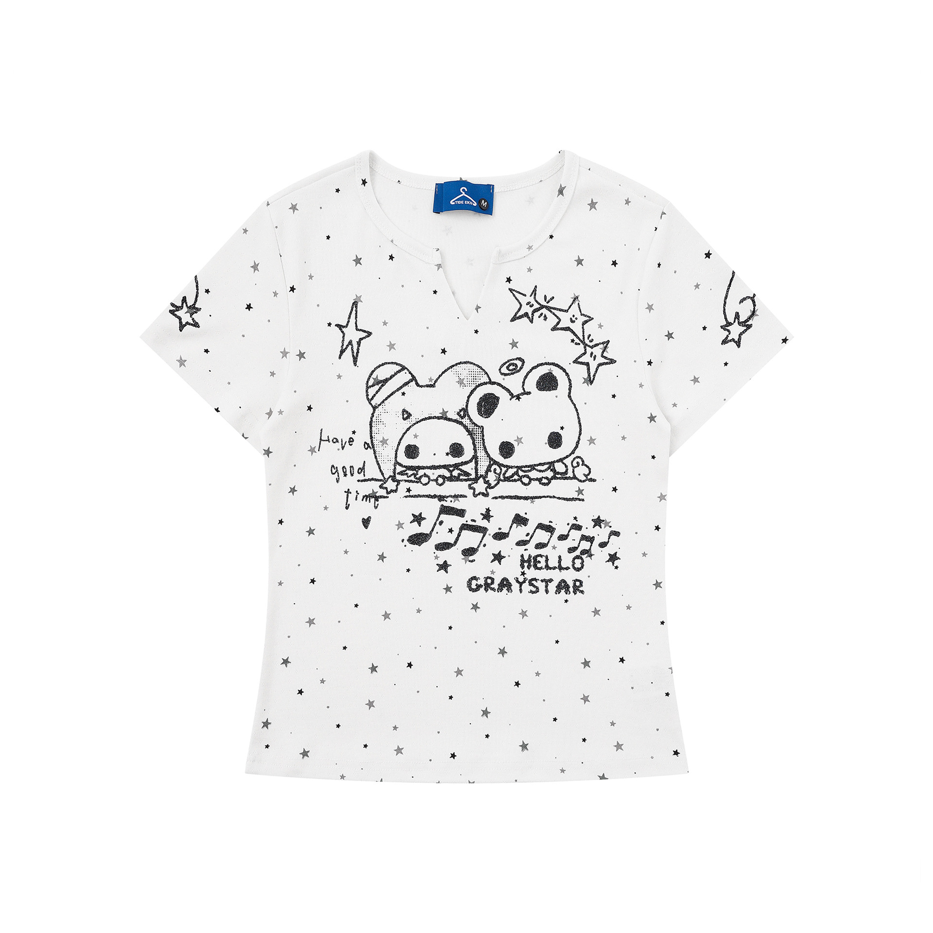 Camiseta de manga corta con estampado musical de nota y estrellas en todo el cuerpo, top ajustado con V suave y cuello redondeado — imagen 1