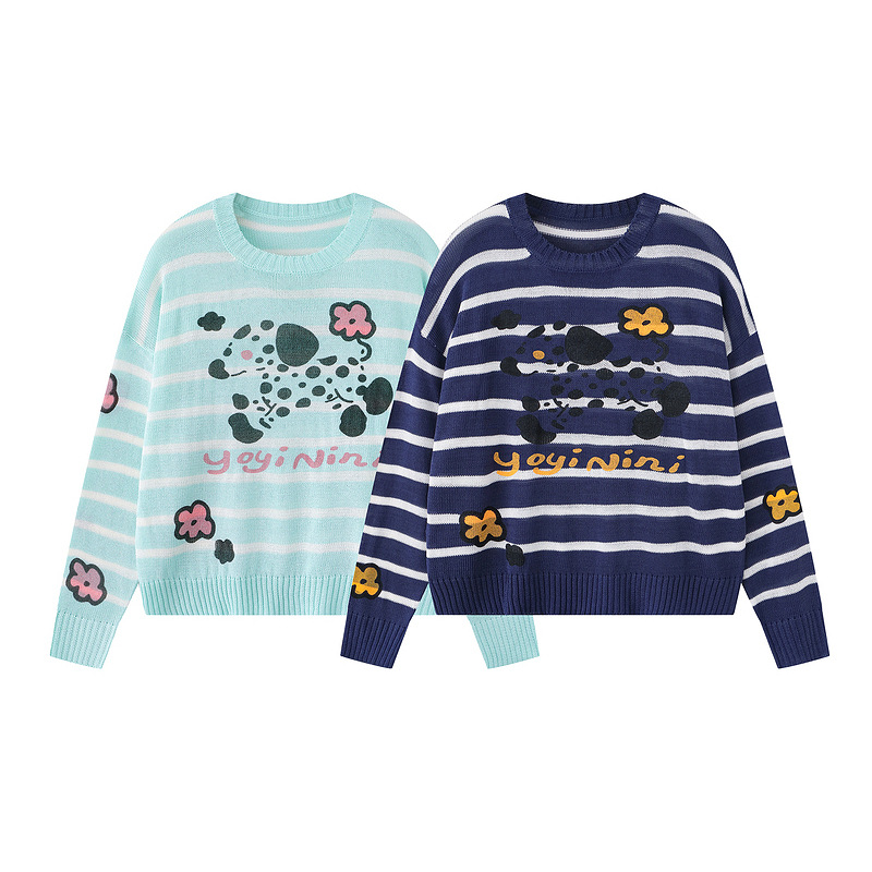 Retro casual striped puppy print sweater — image 4