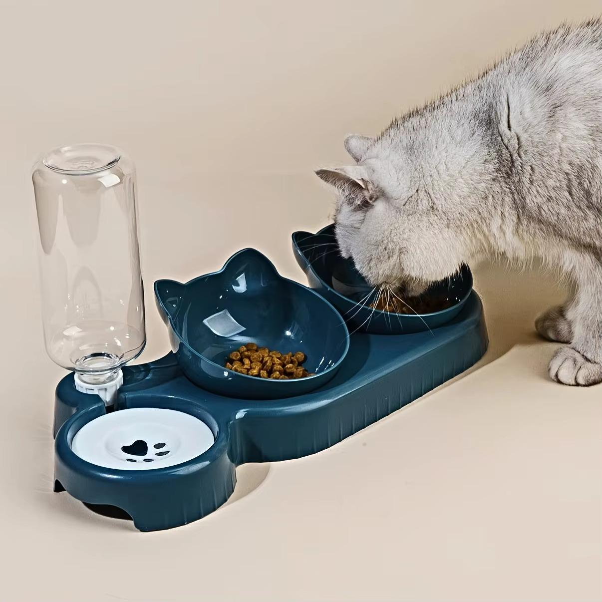 Tazón de Mascotas 3 en 1 con Bottella de Agua Gravitacional, Diseño de Oreja para Protección del Cuello - Combinación de Alimento y Agua para Gatos con Taza Inclinada — imagen 2