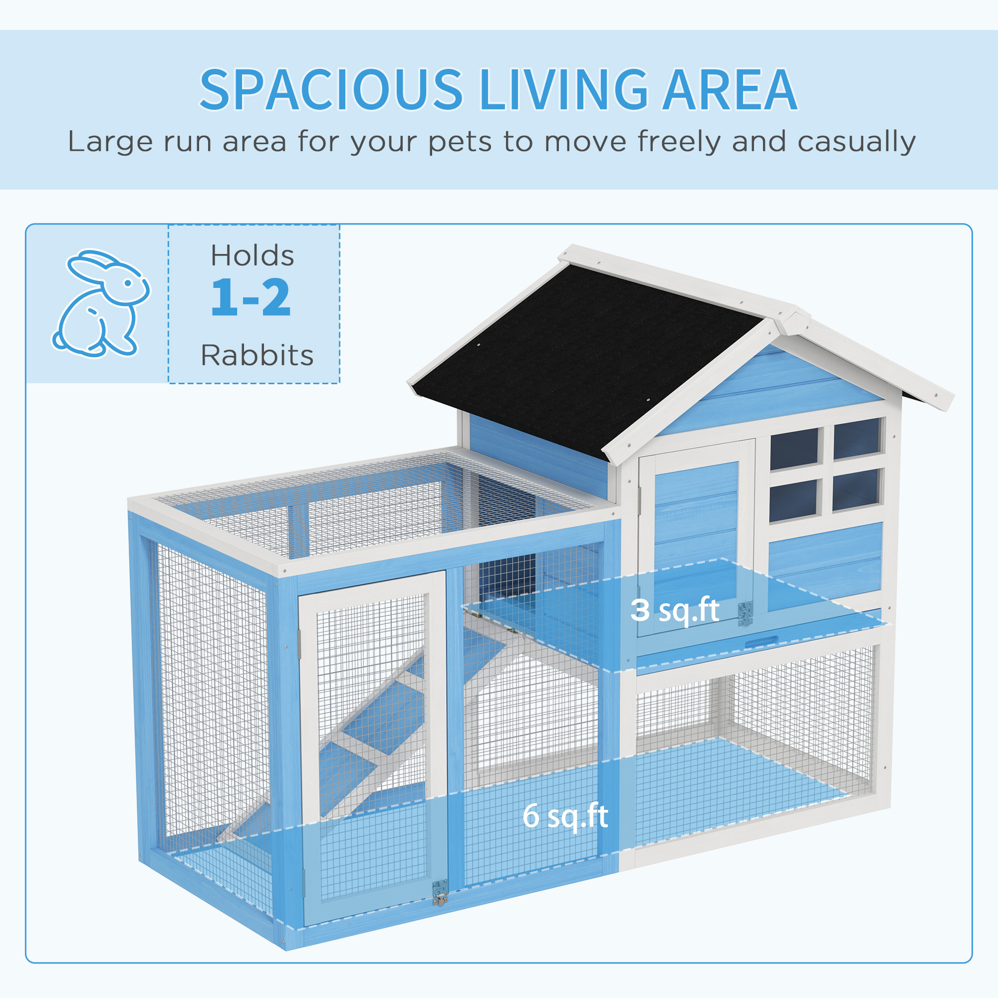 Conejera de Madera de 48" con Techo de Asfalto Impermeable, Corral Exterior Divertido, Bandeja Removible y Rampa, para Conejos, Gallinas y Patos, Azul Claro — imagen 8