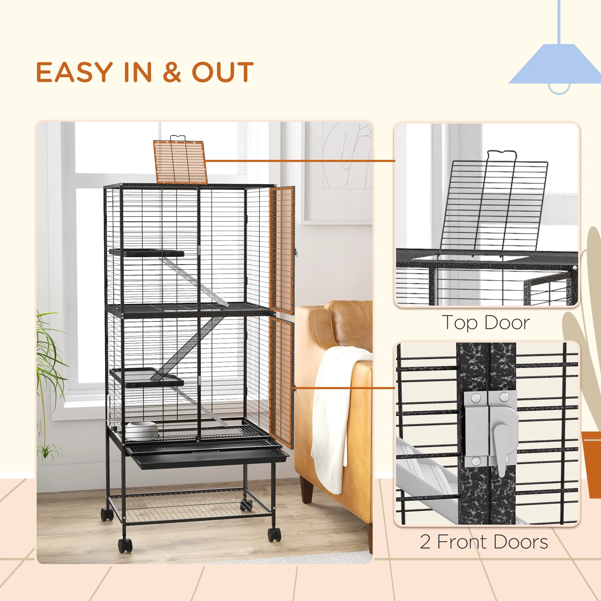 Rolling Small Animal Cage 53.5"H Chinchilla Cage for Ferrets, Squirrels w/ Removable Tray, Storage Shelf, Dark Grey — image 6