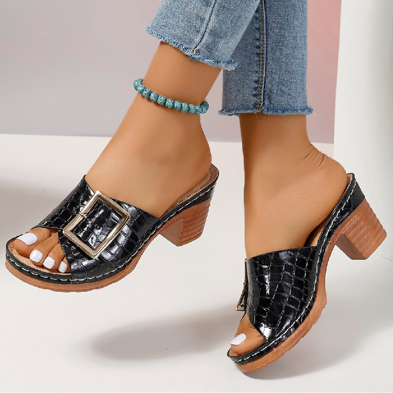 Sandalias con Textura de Cocodrilo en el Tiras, Talón Cuadrado y Puntas de Peep para Mujer — imagen 5