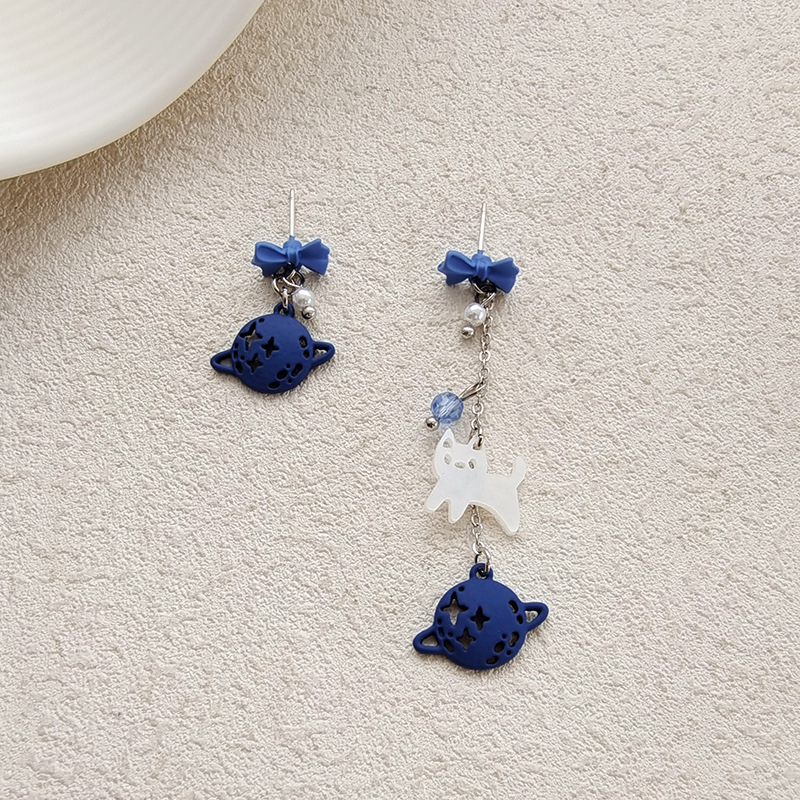Pendientes de aguja de plata S925 Klein Blue Bow, asimétricos, de gato, largos — imagen 1