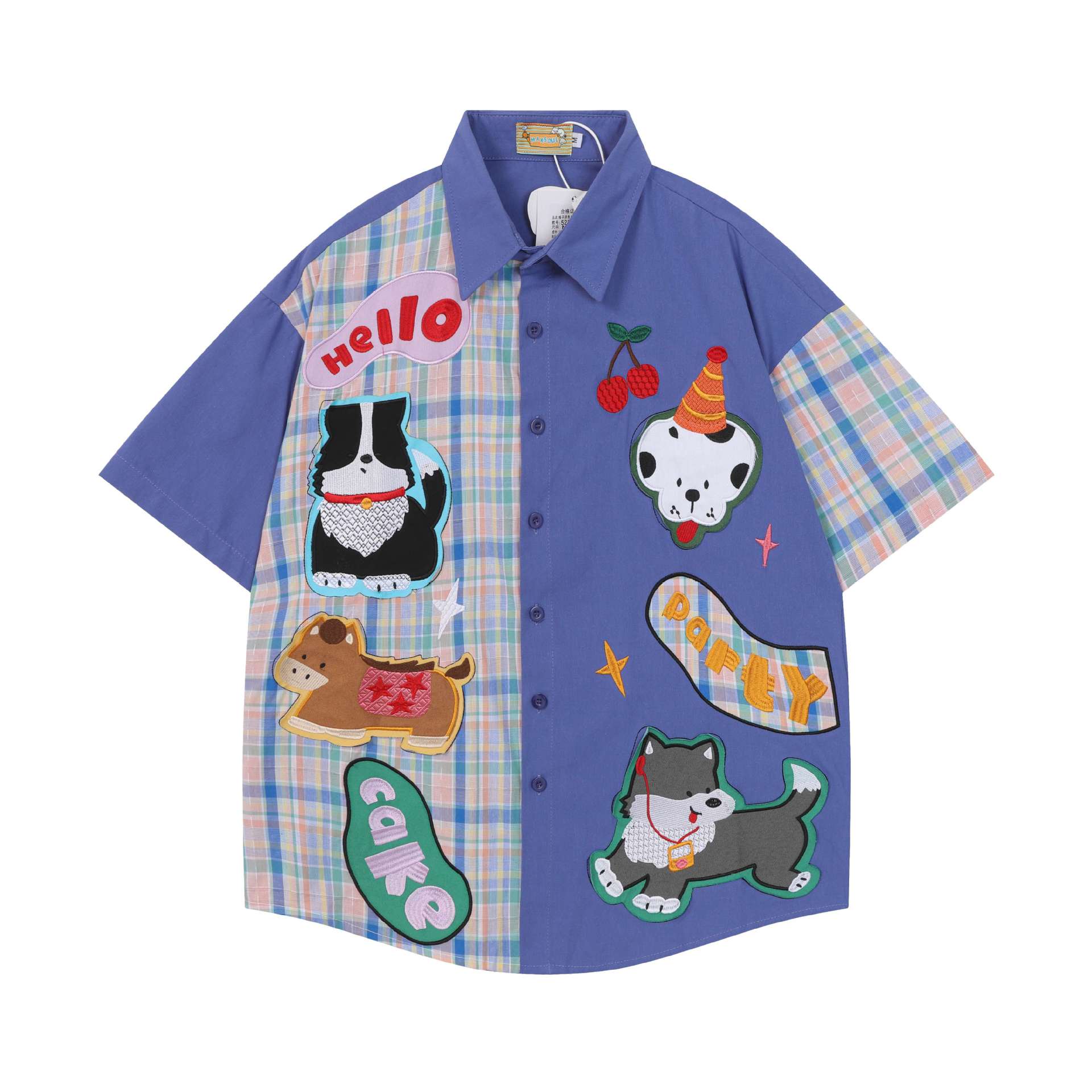 Color blocked embroidery dog short sleeved shirt — image 1