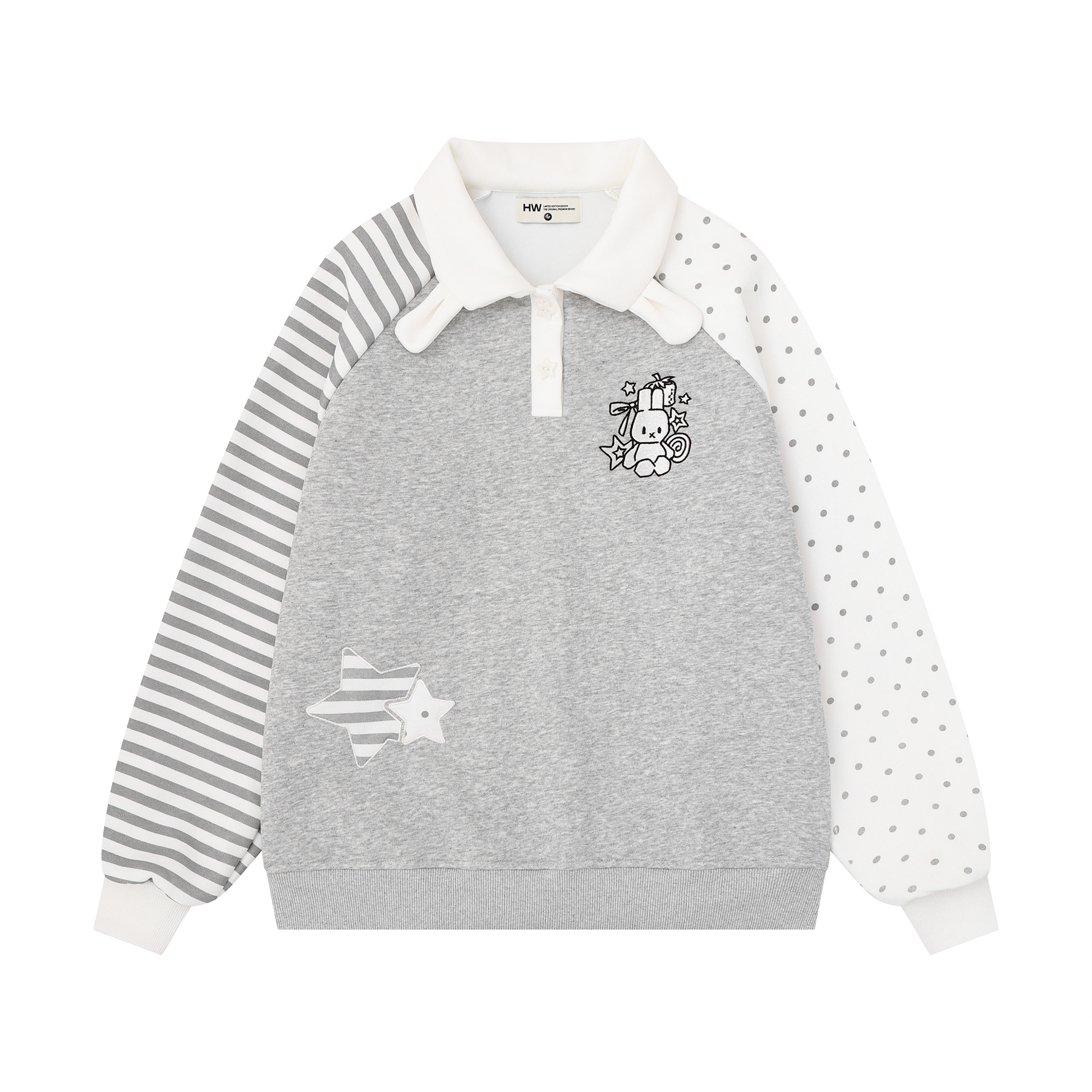 Cute Rabbit Ear Stripes Polka Dots Color Block Sleeves Rabbit Embroidery Loose Polo Collar Pullover Sweatshirt Top — image 4