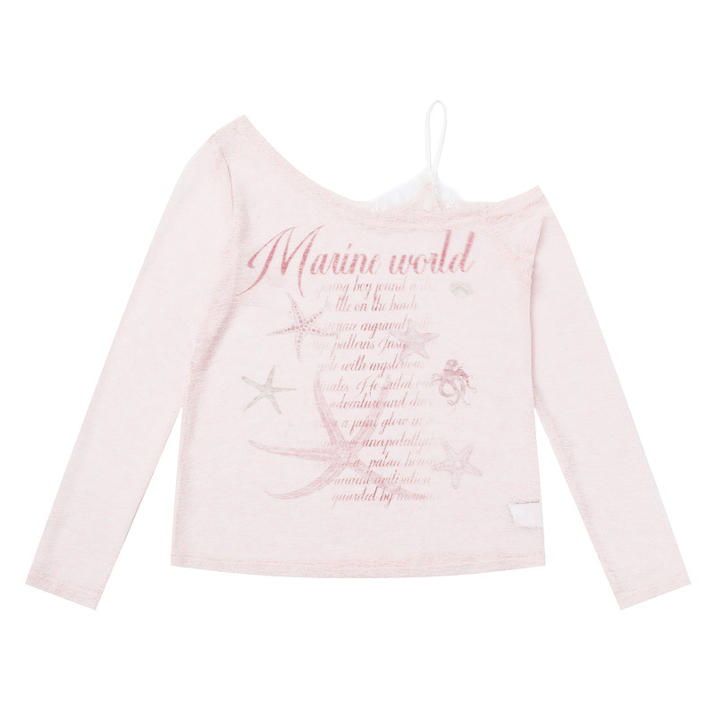 Cartoon starfish print slanted shoulder long sleeved T-shirt for women — image 1
