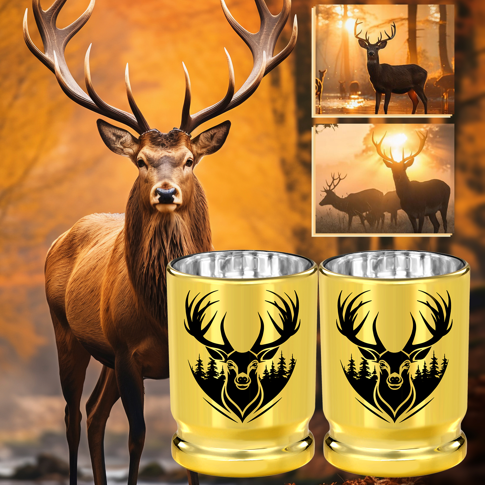 2pcs 50 Caliber Deer Head Golden Plastic Wine Glasses With Gift Box - Leak Proof, Reusable - Stylish Animal Print Design, Suitable For Whiskey, Tequila, Etc — image 1