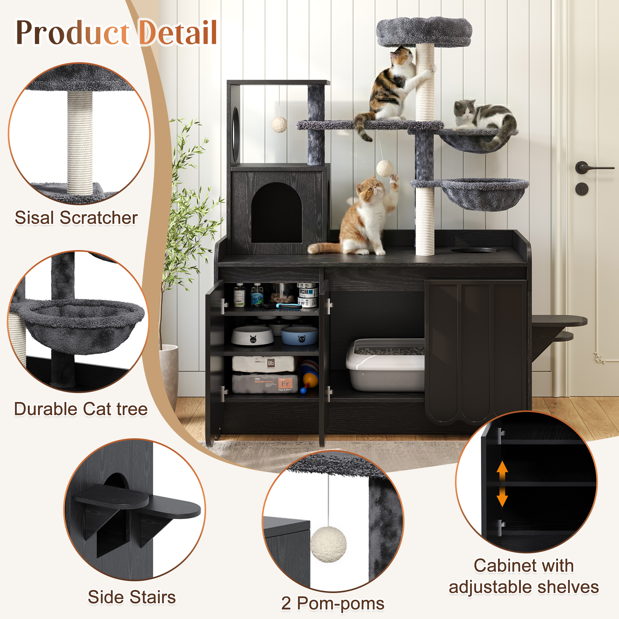 Rascador para Gatos de 50.6" con Cubierta para Caja de Arena, Torre para Gatos con Poste Rascador de Sisal y Espacio de Almacenamiento, Mueble con Caja de Arena Oculta, Condominio Moderno Todo en Uno con Casa, Hamaca y Percha, Negro — imagen 3