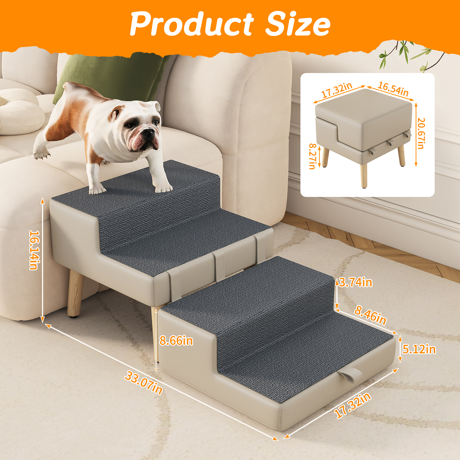 4-Step Ottoman Dog Stairs, 2-in-1 Foldable Pet Ramp for Bed, Dog Ramp for Small Puppy and Cats, Sturdy Wood Frame Support with Non-slip walking surface, Holds Up To 220lbs ( Light Grey Color ) — image 10