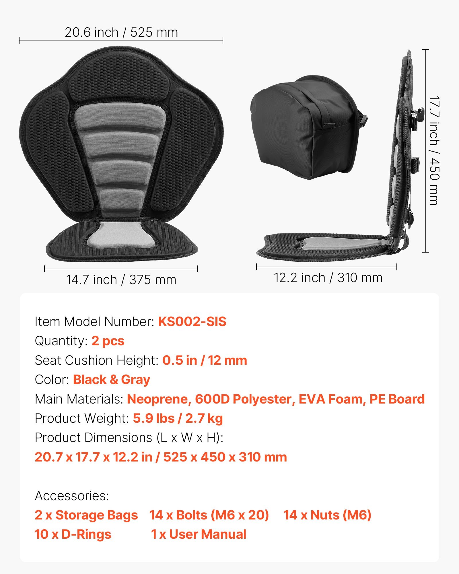 Kayak Seat, 2 Pack 0.5" Thick, Universal Paddle Board Seat With Back Support, Sit-on-Top Soft Padded Cushion With Storage Bag & Adjustable Straps For SUP, Canoe, Fishing Boat, Inflatable Kayak — imagen 1