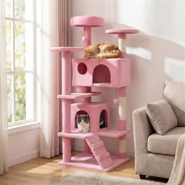 52" Tall Cat Tree Tower With Perches & Condos, Multi-Cat Playground With Scratching Posts (Pink) — image 1