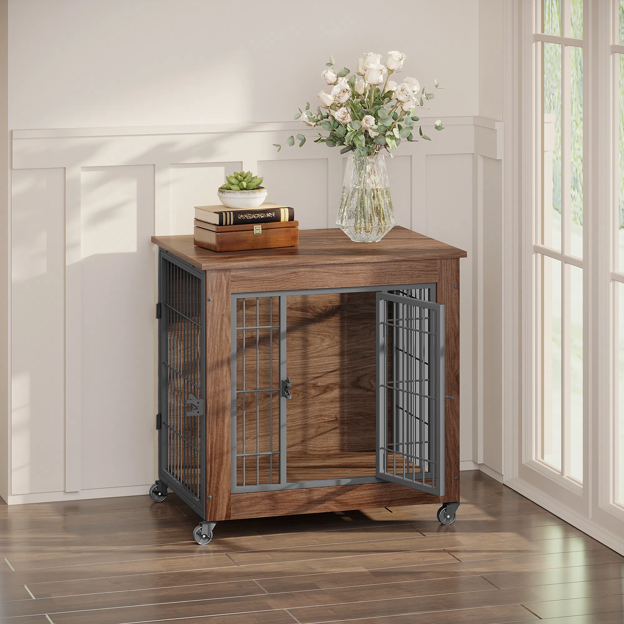 27.2" Dog Crate Furniture with Wheels for Small Dogs, Heavy Duty Dog Kennel Indoor with 2 Doors, Wooden Pet Cage End Table, Double-Doors Sturdy Metal Dog Cage for Anxiety Dog — image 10