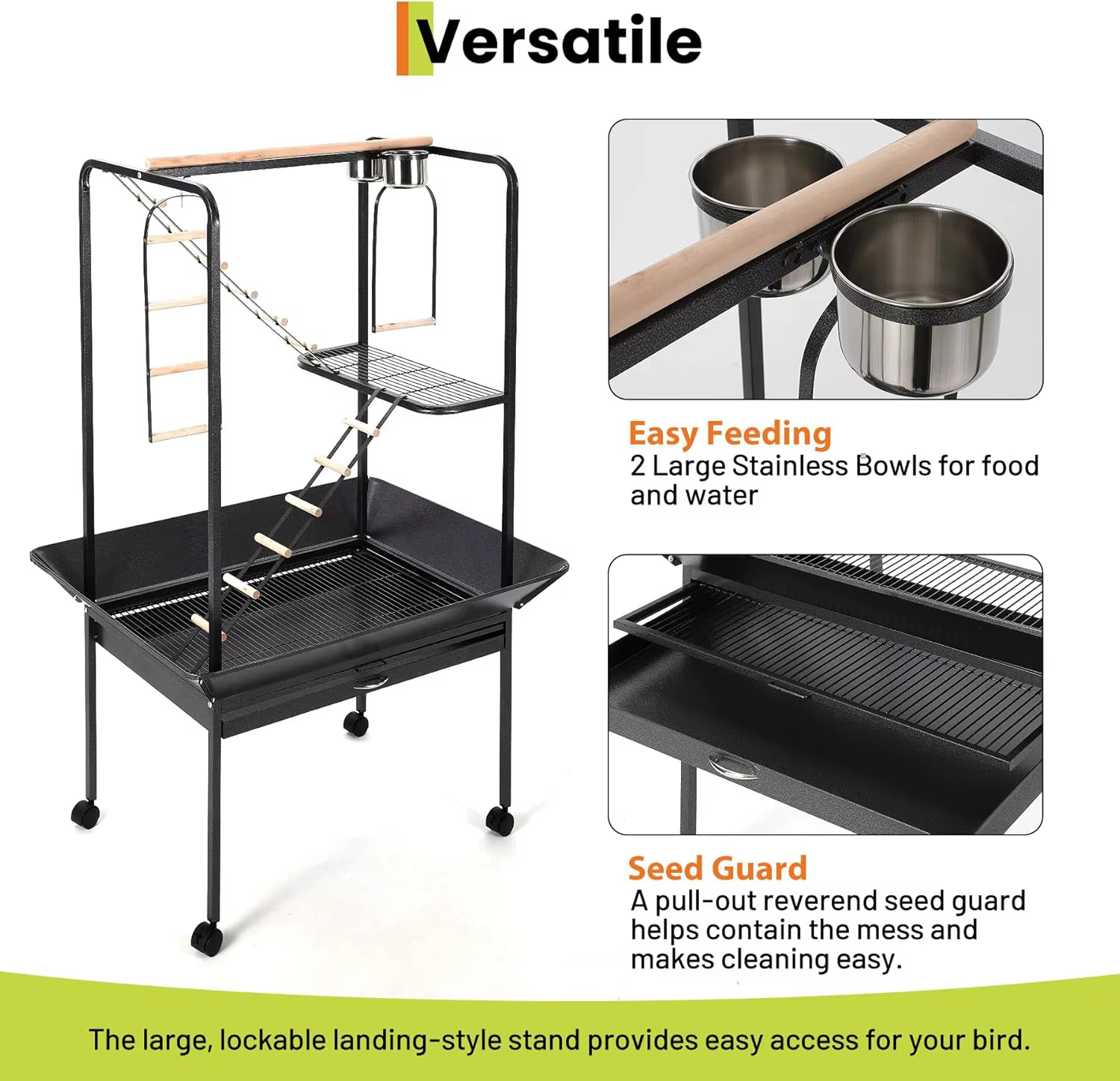 64'' Birdcage Stand Play Center, Large Parrot Perch with 2 Stainless Steel Bowls & Pull-Out Seed Guard, Lockable Rolling Stand with 4 Casters, Bird Playground for Macaw Cockatiel Conure Parakeet — image 3