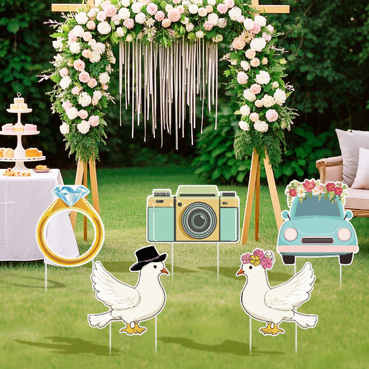 5 Piezas de Letreros de Jardín para Fiesta de Bodas con Estacas, Diseño de Paloma, Anillo y Cámara, Decoración de Camino, Letrero de Bienvenida de Plástico para Recepción, Grandes Accesorios de Fondo para Photo Booth de Despedida de Soltera, para Bodas P — imagen 4