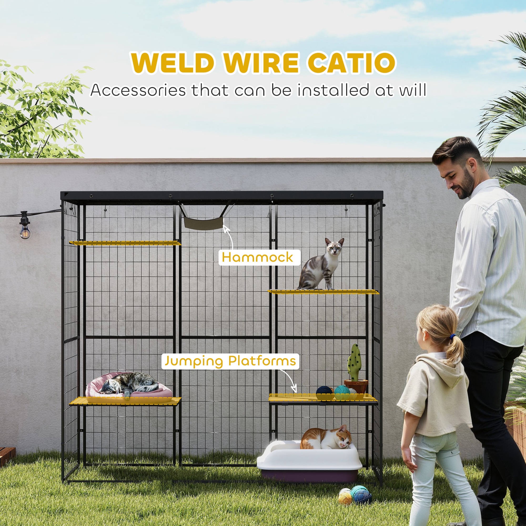 Weld Wire Catio Outdoor Indoor with Waterproof Cover, 4 Jumping Platforms, Hammock, for 1-3 Kittens, 69" x 22" x 62" — image 3