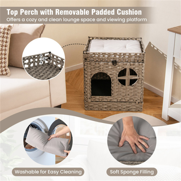 Condominio de Mimbre para Gatos de 2 Niveles con Tapete Atrapa-Arena - Mueble Ocultador de Arenero, Cojín Extraíble y Lavable, Ratán Gris — imagen 10