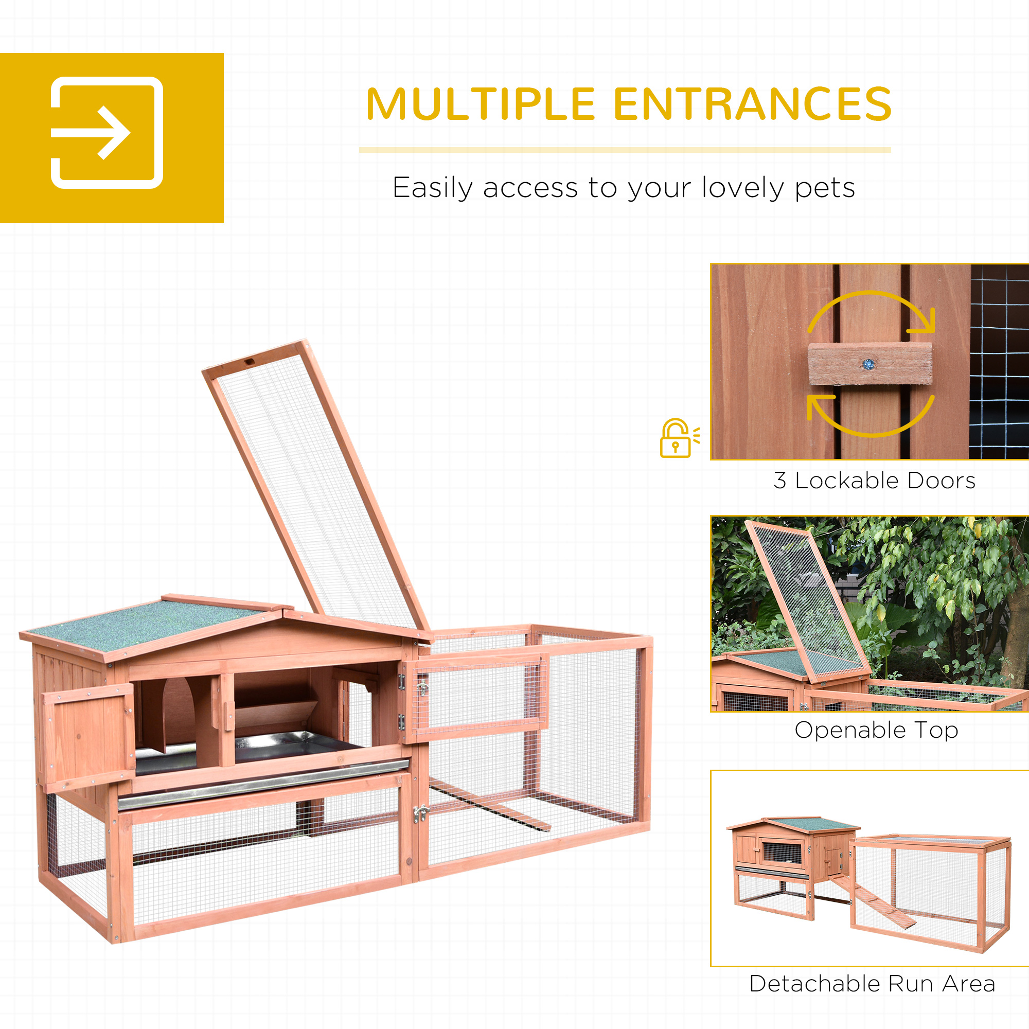 Rabbit Cage Outdoor, 62" Wooden Outdoor Rabbit Hutch, Small Animal Habitat With Detachable Run And Elevated Main House, Natural — imagen 5