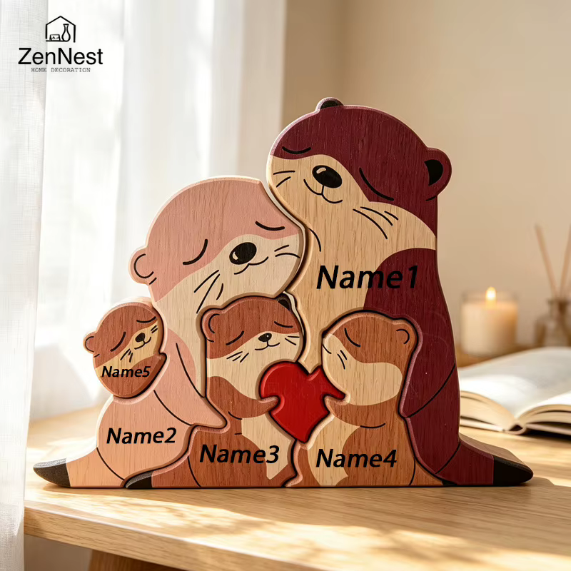 Cute Otter Family Wood Puzzle Ornament Red Heart Tabletop Decor Mother's Day Christmas Birthday Home Office Souvenir Gift — image 3