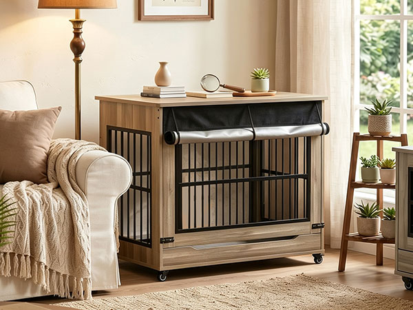 Large Dog Crate Furniture, Double Door Wooden Indoor Dog Kennel Furniture, Decorative Pet Cage End Table With Wheels For Extra Large Breed Dogs, Size 2XL, Greige — image 28