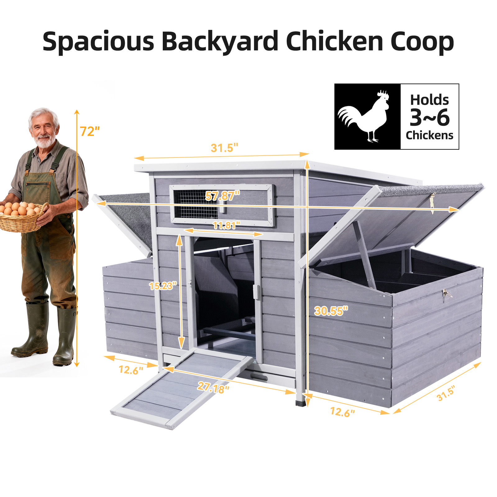 Large Wooden Chicken Coop Outdoor Hen House Poultry Cage For Outdoor With 2 Sides Nesting Boxes — imagen 3