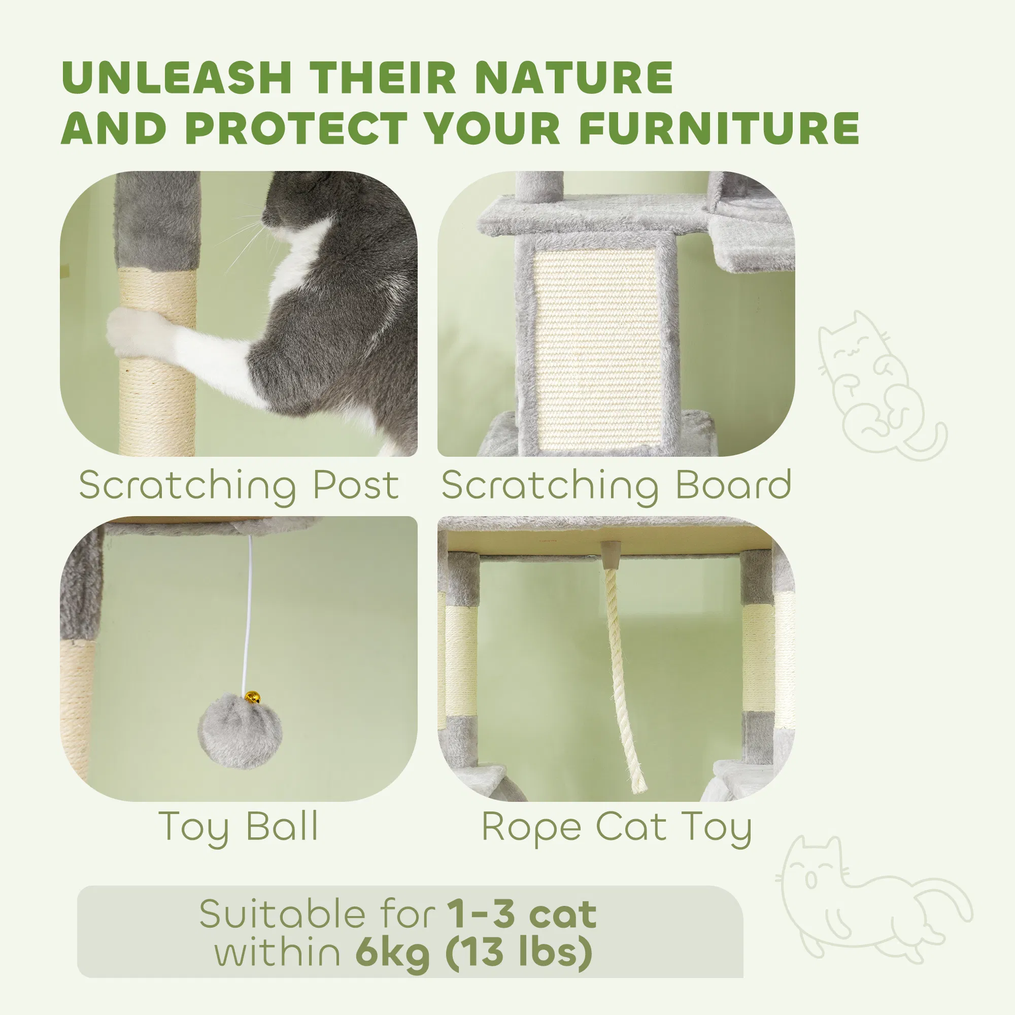 81" Large Cat Tree w/ Scratching Posts, Condos, Beds, Hammocks, Jumping Platforms, Toy Balls, Rope Cat Toy, Light Grey — image 4