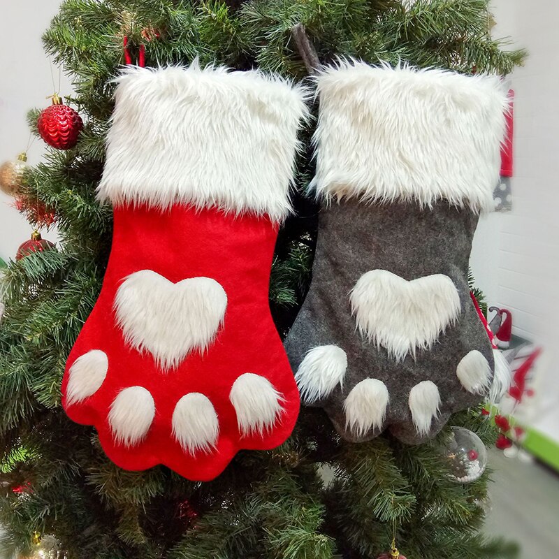 Large Red Grey Long Haired Dog Paw Christmas Socks Christmas Craft Pendant Present Gift Bags Christmas Tree Ornaments Home Decor — image 5