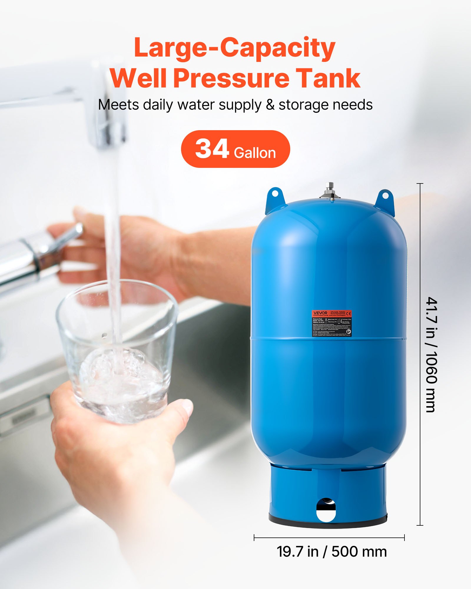 34-Gallon Vertical Well Pressure Tank, Pre-Charged Pressurized Water Tank For Well Pumps, Heavy-Duty Carbon Steel Water Storage Container For Home, School, Farm & Irrigation Systems — imagen 2