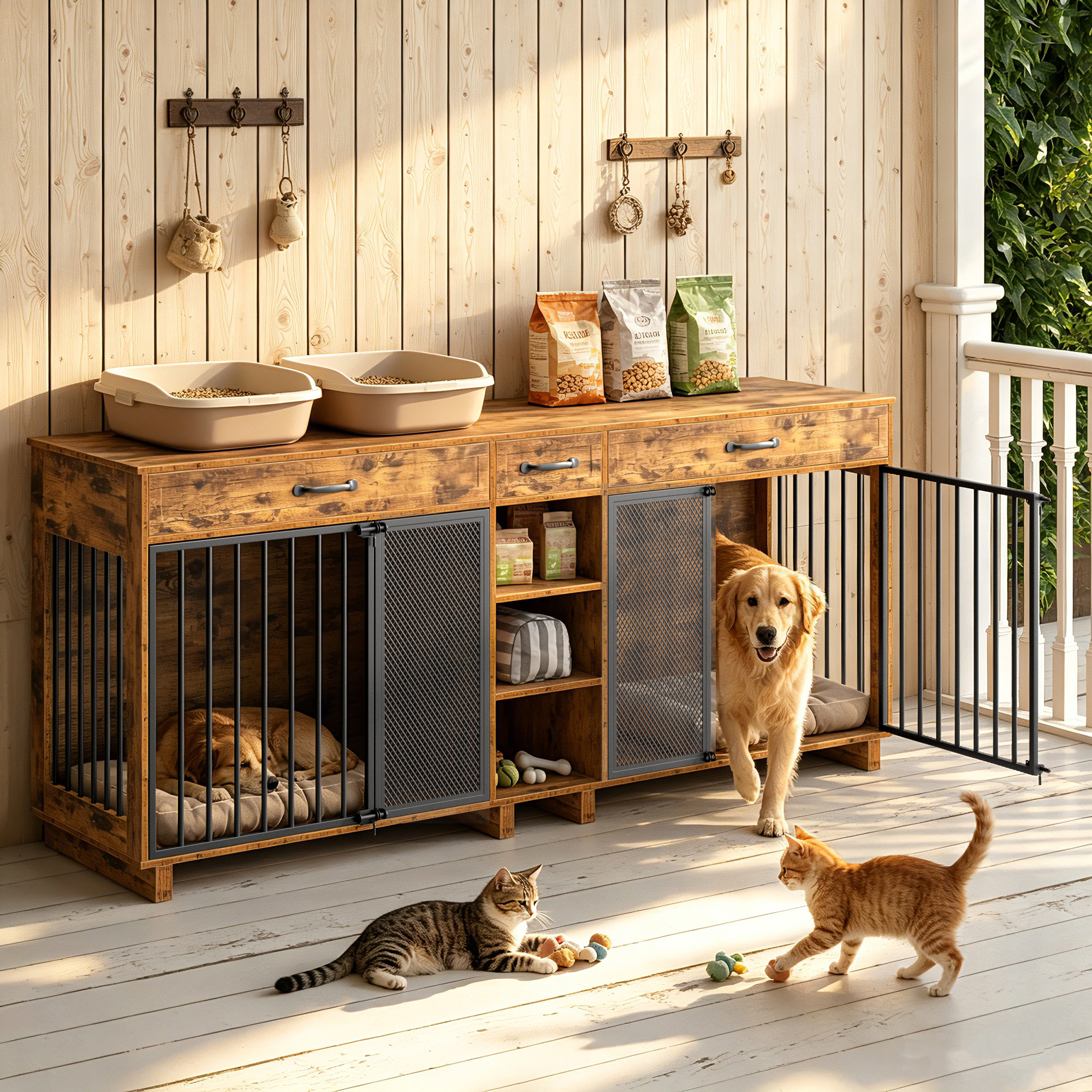 Large Wooden Dog Crate Furniture, Multi-Functional Pet Cage Cabinet with Storage — image 1