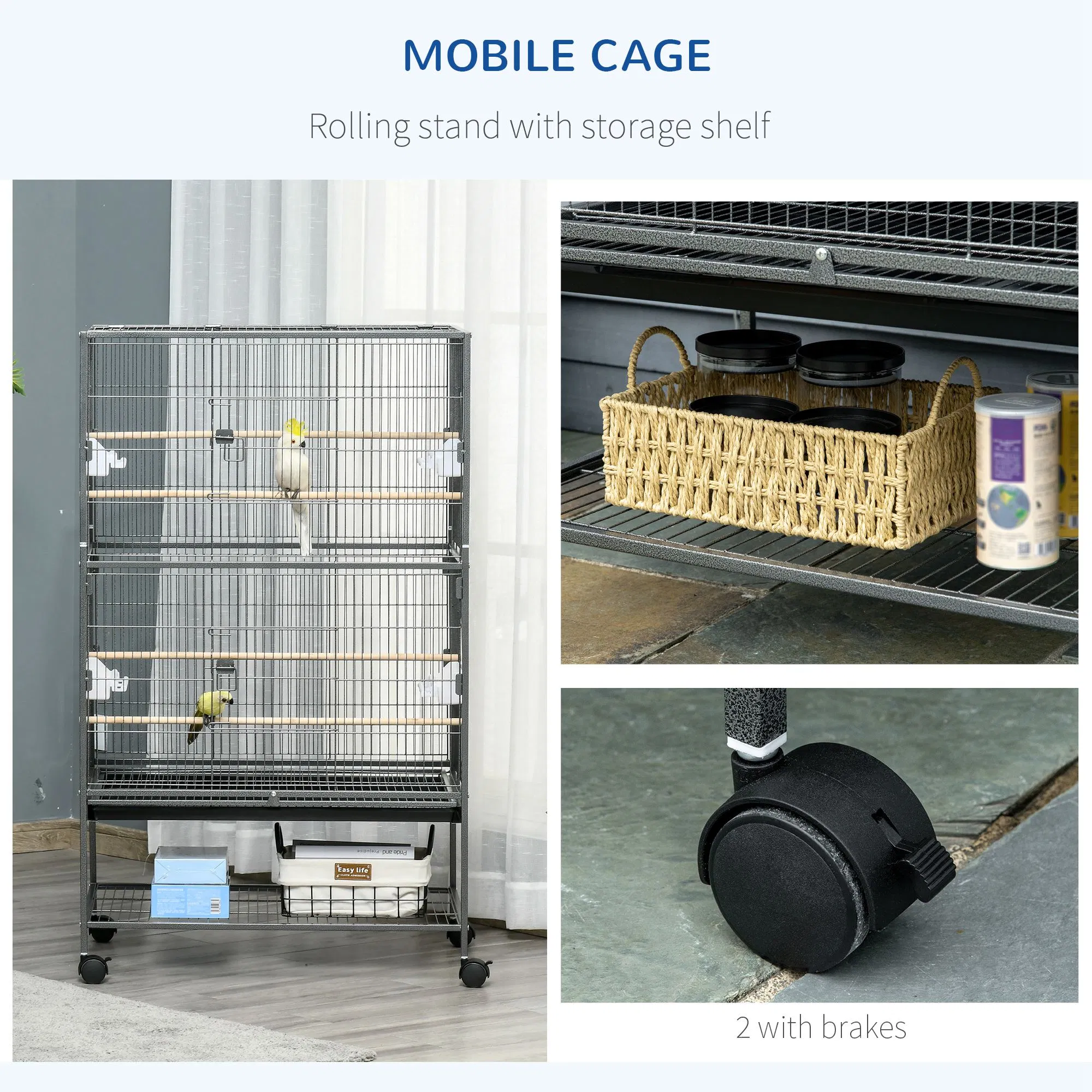 52'' Large Rolling Steel Bird Cage Bird House with Rolling Stand, Storage Shelf, Wood Perch, Food Container, Dark Grey — image 5