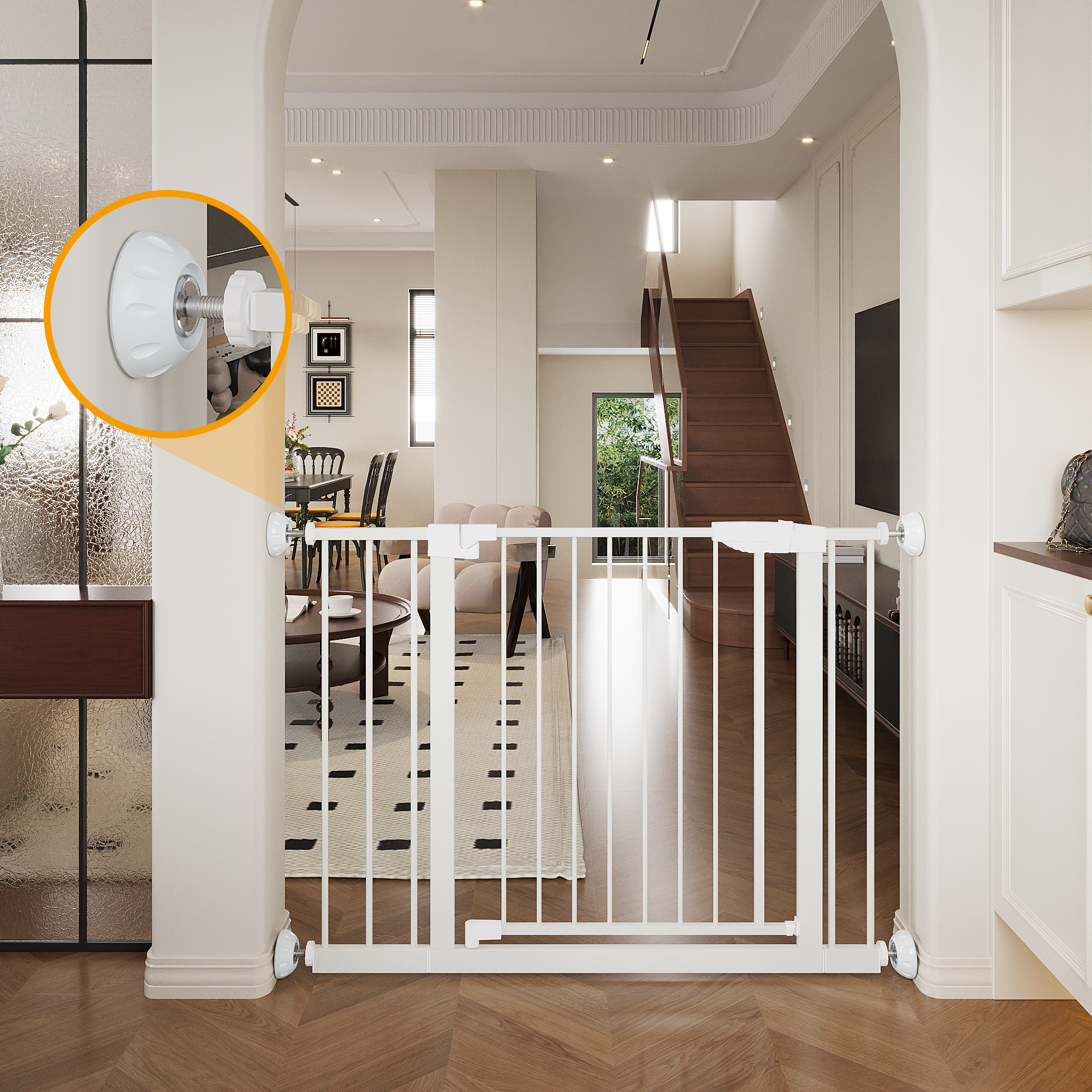 Reja para Bebés Ancha de 29.5-45.3" con Protector de Pared para Escaleras, Reja para Perros de Interior para Puertas, Sin Taladrar, Montaje a Presión, Rejas para Mascotas para Niños, Reja de Seguridad Fácil de Cruzar, Blanca — imagen 25