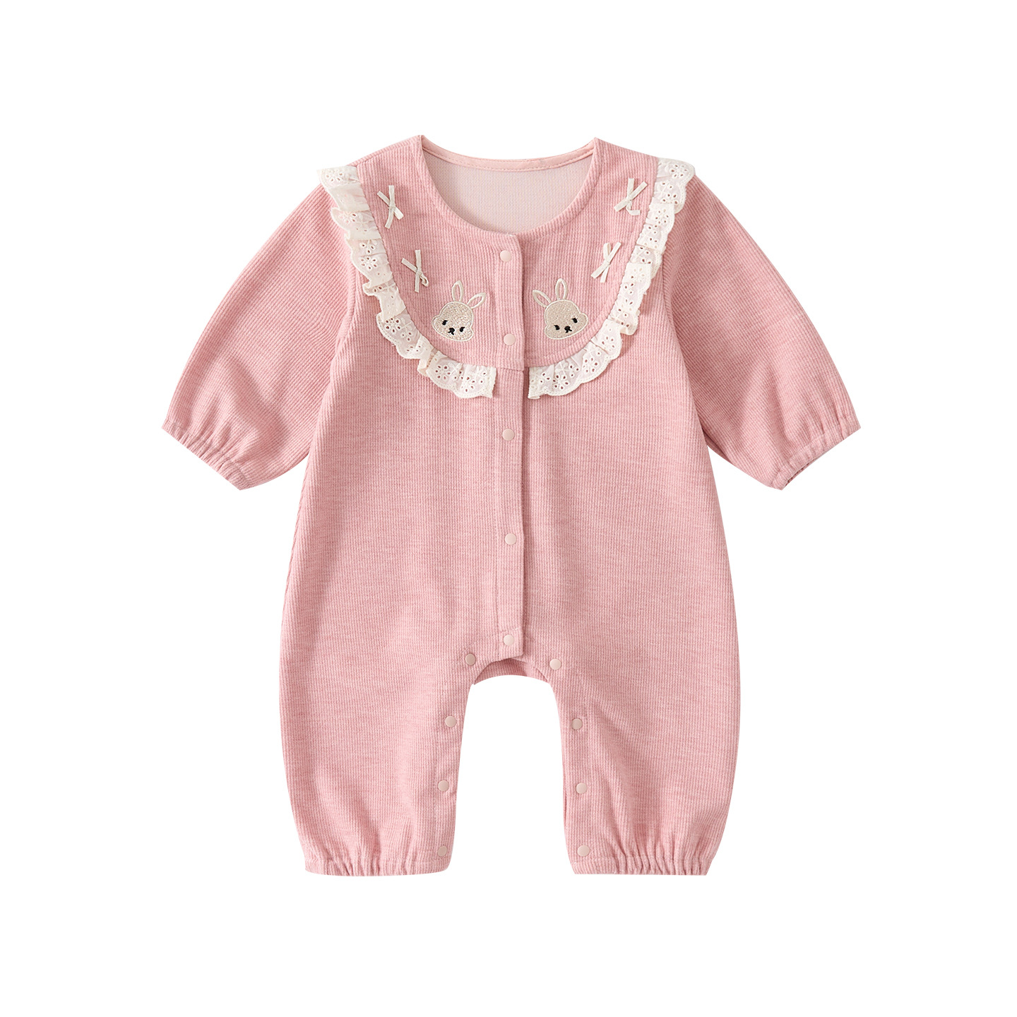 Knit Rabbit Romper for Girls, Lace Collar Cartoon Full-Opening Long Bodysuit — image 1