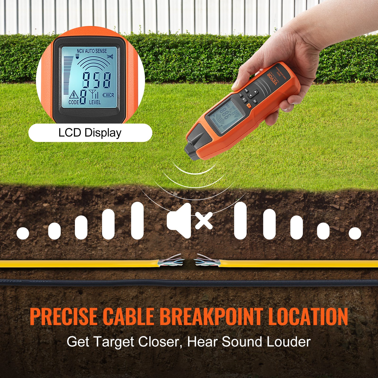Localizador de Cables Subterráneos, 3 FT de Profundidad Máxima de Detección, 12-600V (NCV) Trasificador de Cable Detector de Roturas, 6561 FT de Longitud Máxima de Detección para Circuito Eléctrico Tubos de Pipeline Cables Enterrados para Perímetros Caninos — imagen 2