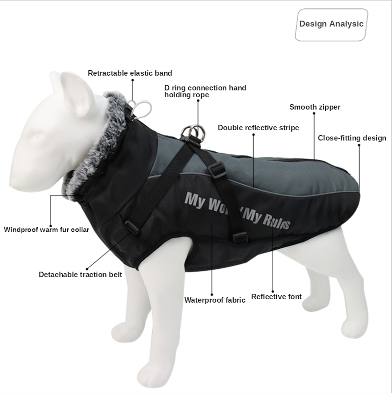 Ropa de Perro Impermeable Vestimenta para Mascotas Reflejos Chaqueta con Collar de Pelo para Perros Grandes — imagen 3