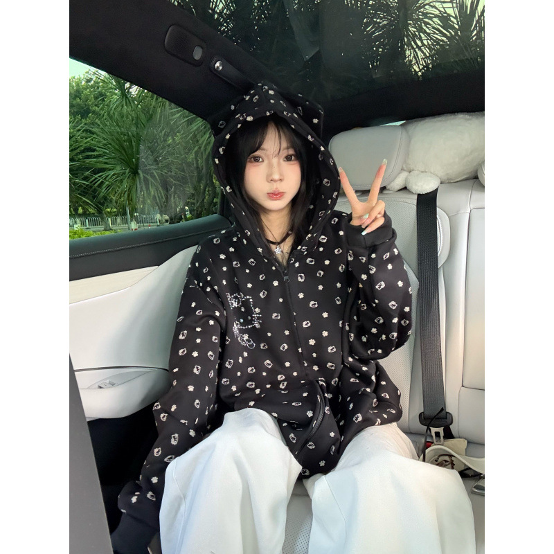 Women's Sweet Cool Rhinestone Kitty Cat Paw All Over Print Hooded Loose Cardigan Jacket — image 4