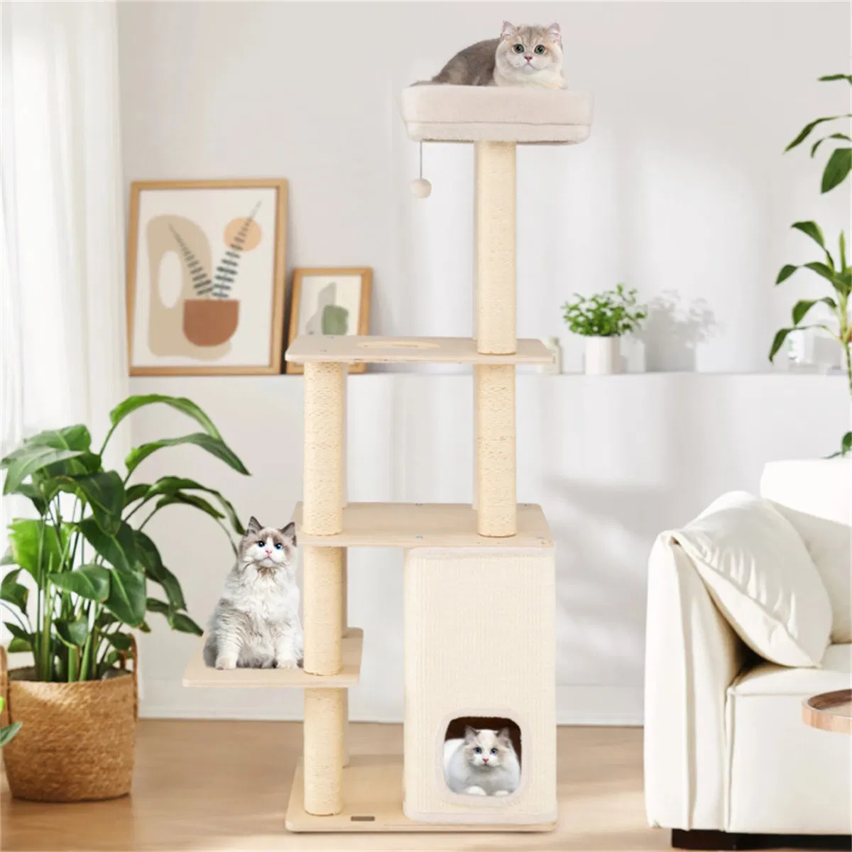 63" Wooden Cat Tree - 2-Story Condo with Bamboo Interior, 5 Sisal Scratching Posts, 44 lbs Per Layer Capacity — image 2