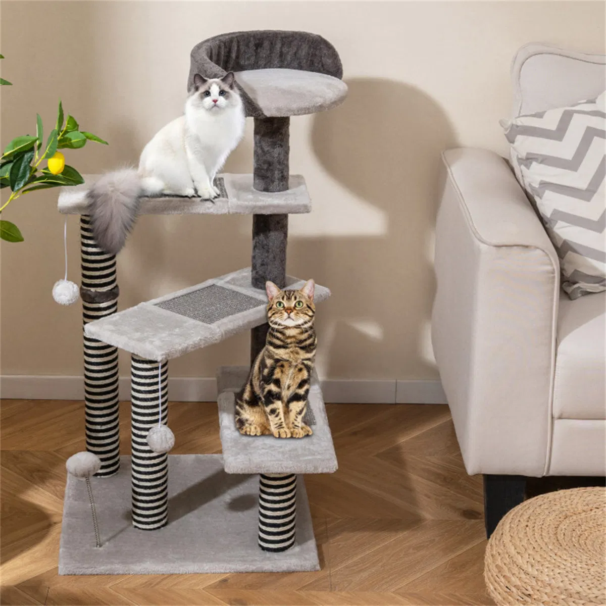 37" tall Cat Stairs with Scratching Mats - 3-Tier Perches, Spring Ball & Dangling Toys for Cats — image 10
