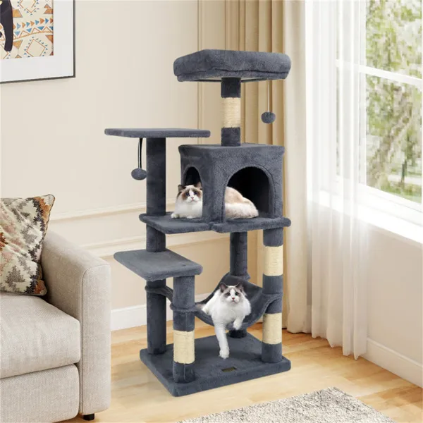Rascador para gatos de 44" de varios niveles con amplia percha superior, condominio de 2 puertas y hamaca, para gatos de interior - Gris — imagen 3