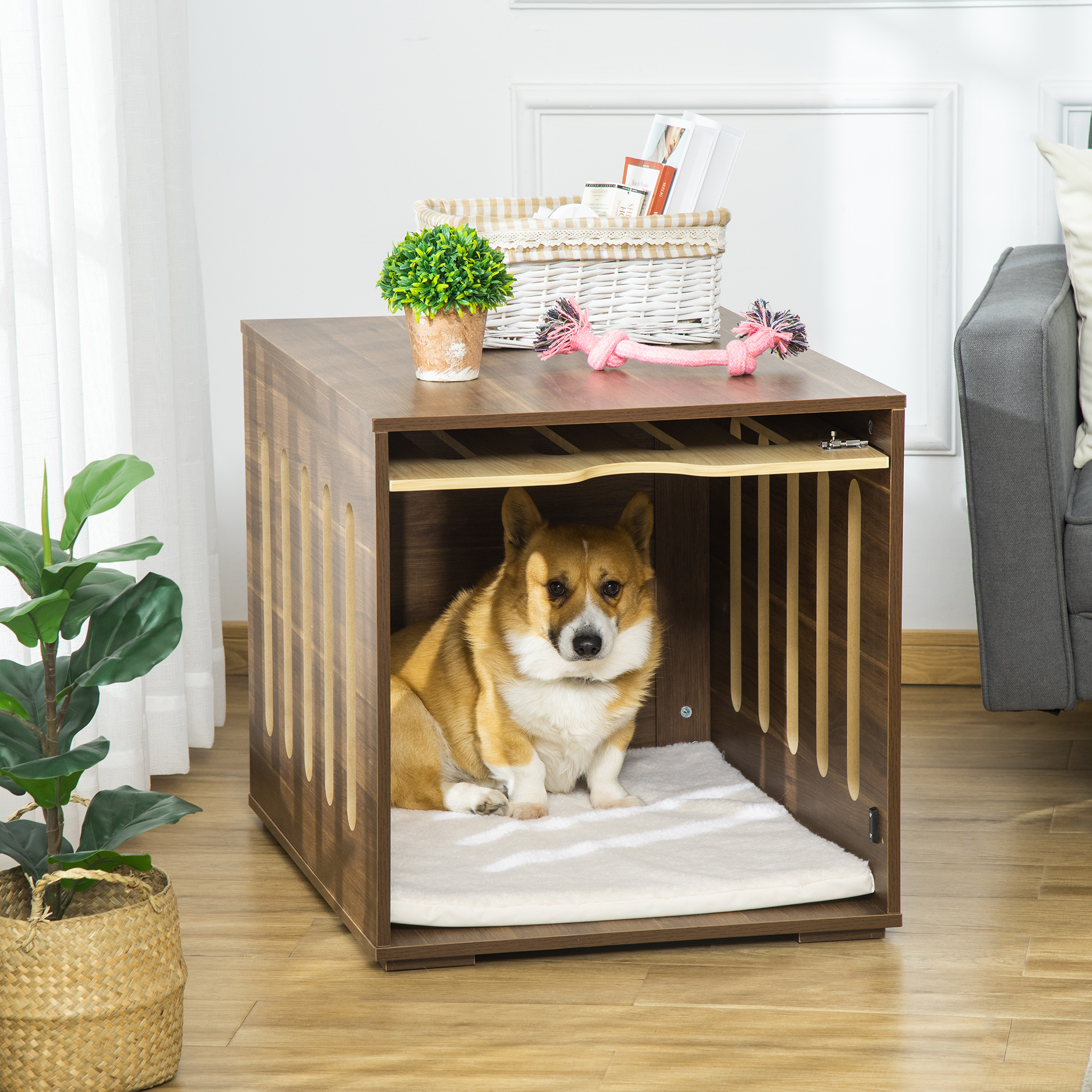 Caja para Perros de Estilo de Mueble con Panel de Puerta Removible, Cama para Perros con Almohada de Espuma y Suporte de Seguridad, Uso Interior, para Perros Pequeños y Medianos, Marrón — imagen 1
