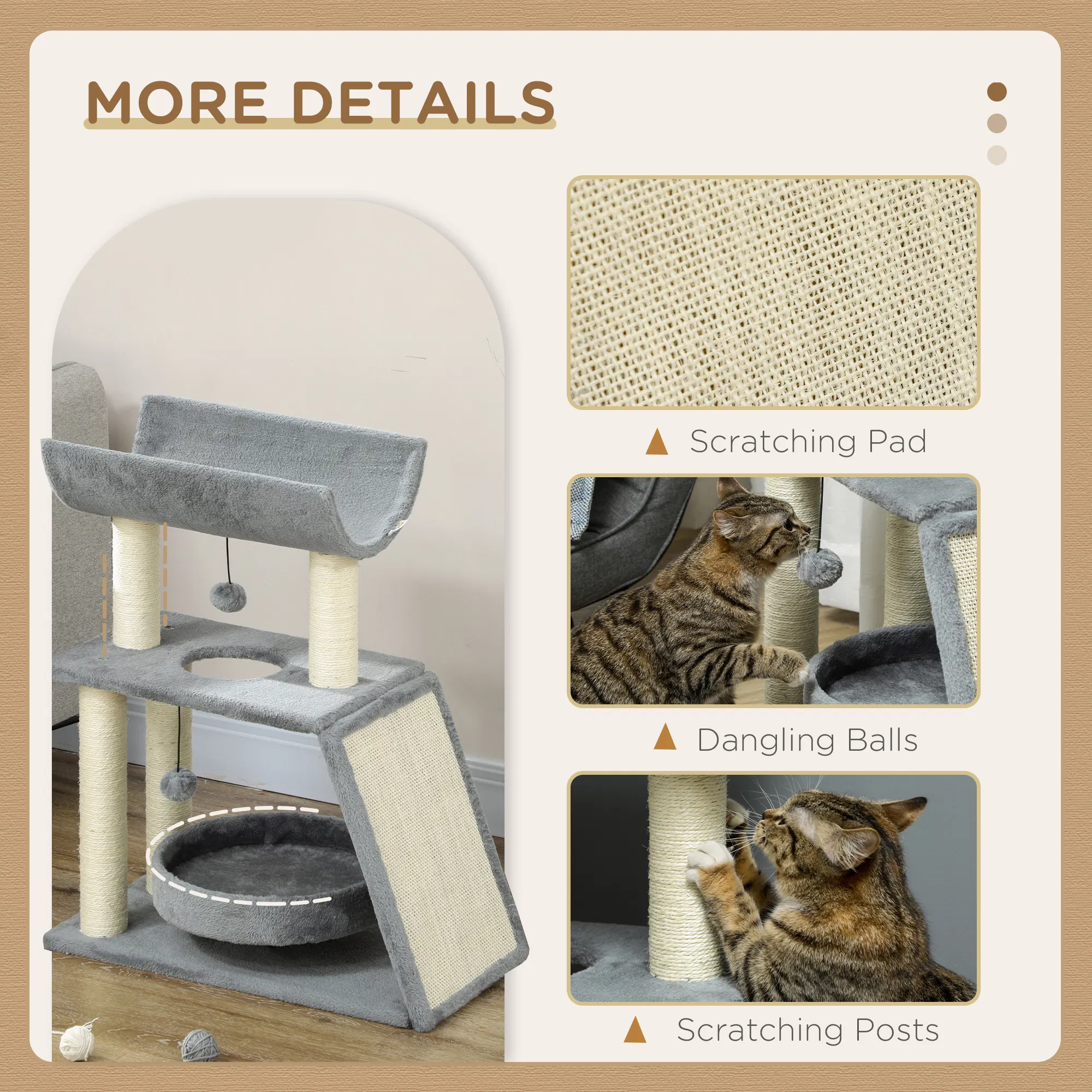 Small Cat Tree with Perch, Scratching Posts, Pad, Bed, Toy Balls, Light Grey — image 4