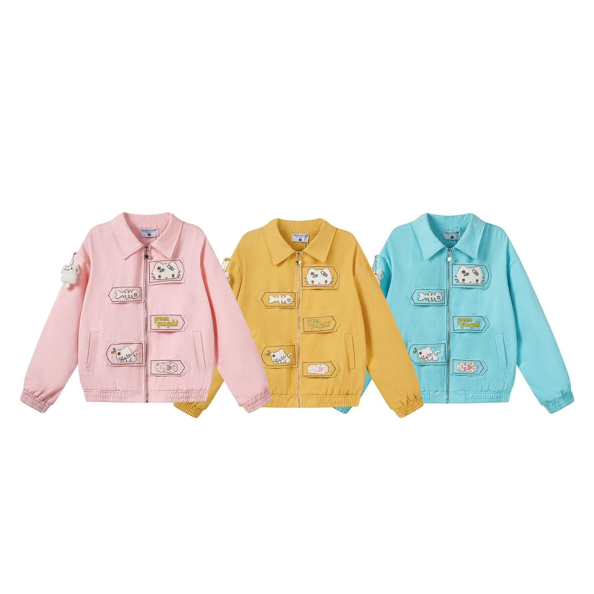 Cartoon Cat Patchwork Lapel Collar Loose Crop Workwear Jacket for Women — image 5
