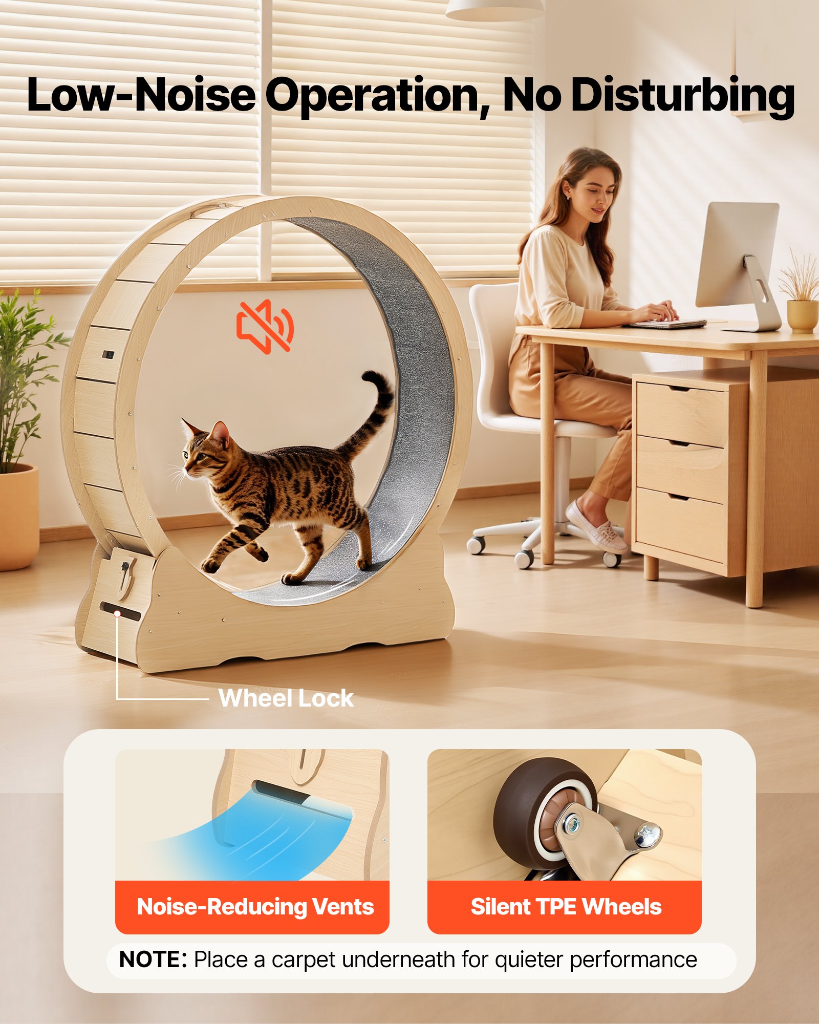 Cat Exercise Wheel, 48 In Wooden Cat Running Wheel For Indoor Cats Up To 28 Lbs, Cats Treadmill With Carpeted Runway & Locking Mechanism, Quiet Roller Kitten Sport Toys For Pets Fitness & Health — image 4